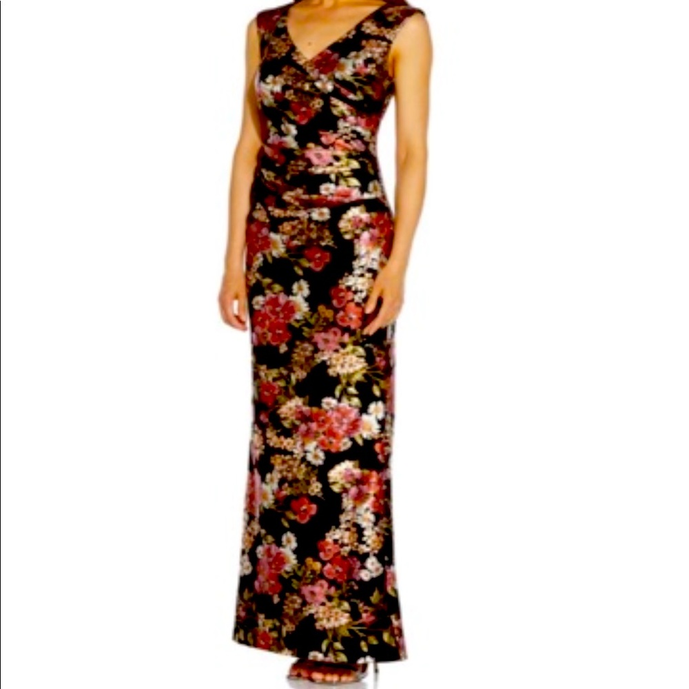 Adrianna Papell Size 8 Black Floral Foiled Crepe Draped Gown